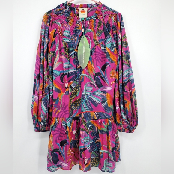 Anthropologie Farm Rio Rainbow Macaws Mini Dress Puff Sleeve Ruffle NEW - Picture 2 of 8